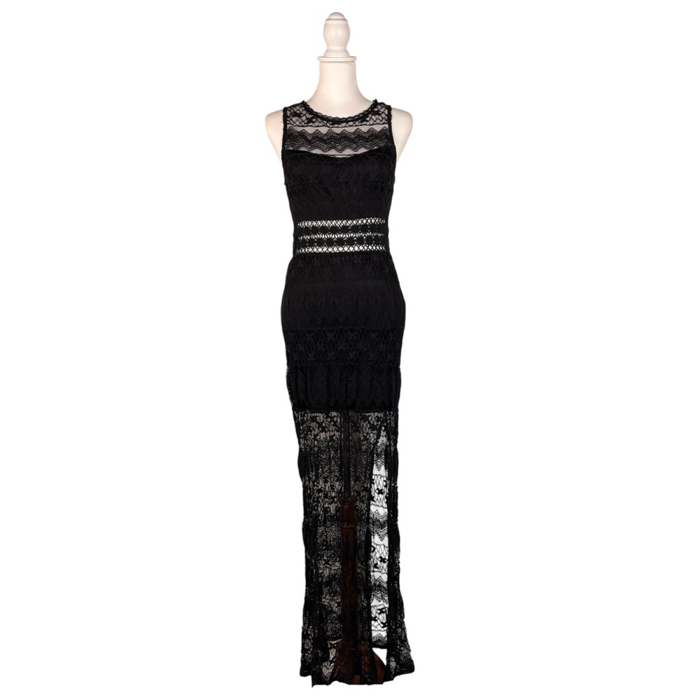Ark & Co Black Lace Maxi Dress Sleeveless Illusion Sexy Cocktail Whimsigoth